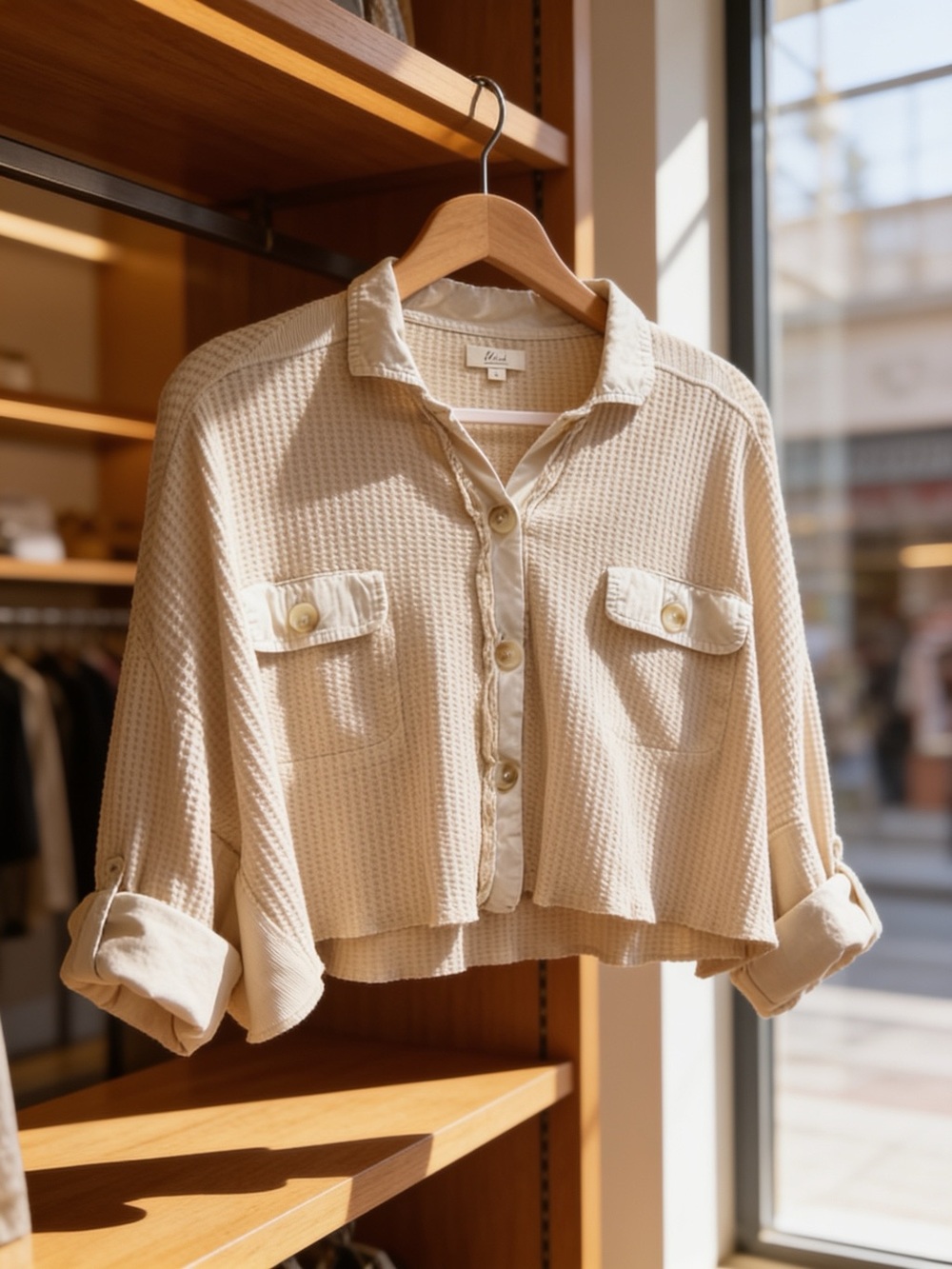 Elan Cream Waffle Knit Cropped Button-Up Shirt Jacket